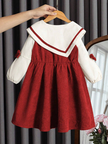 Young Girl And Young Girl Long Sleeve Bow Tie Square Neck Waist Cinched Dress, Casual Autumn/Winter Outfit