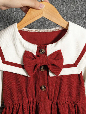 Young Girl And Young Girl Long Sleeve Bow Tie Square Neck Waist Cinched Dress, Casual Autumn/Winter Outfit