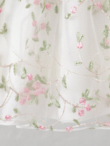 Young Girl Autumn New Lightweight Mesh Fabric Dress, Delicate Embroidered Decor, Round Neck Long Sleeve Design,