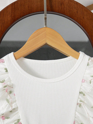 Young Girl Autumn New Lightweight Mesh Fabric Dress, Delicate Embroidered Decor, Round Neck Long Sleeve Design,