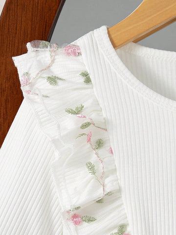 Young Girl Autumn New Lightweight Mesh Fabric Dress, Delicate Embroidered Decor, Round Neck Long Sleeve Design,