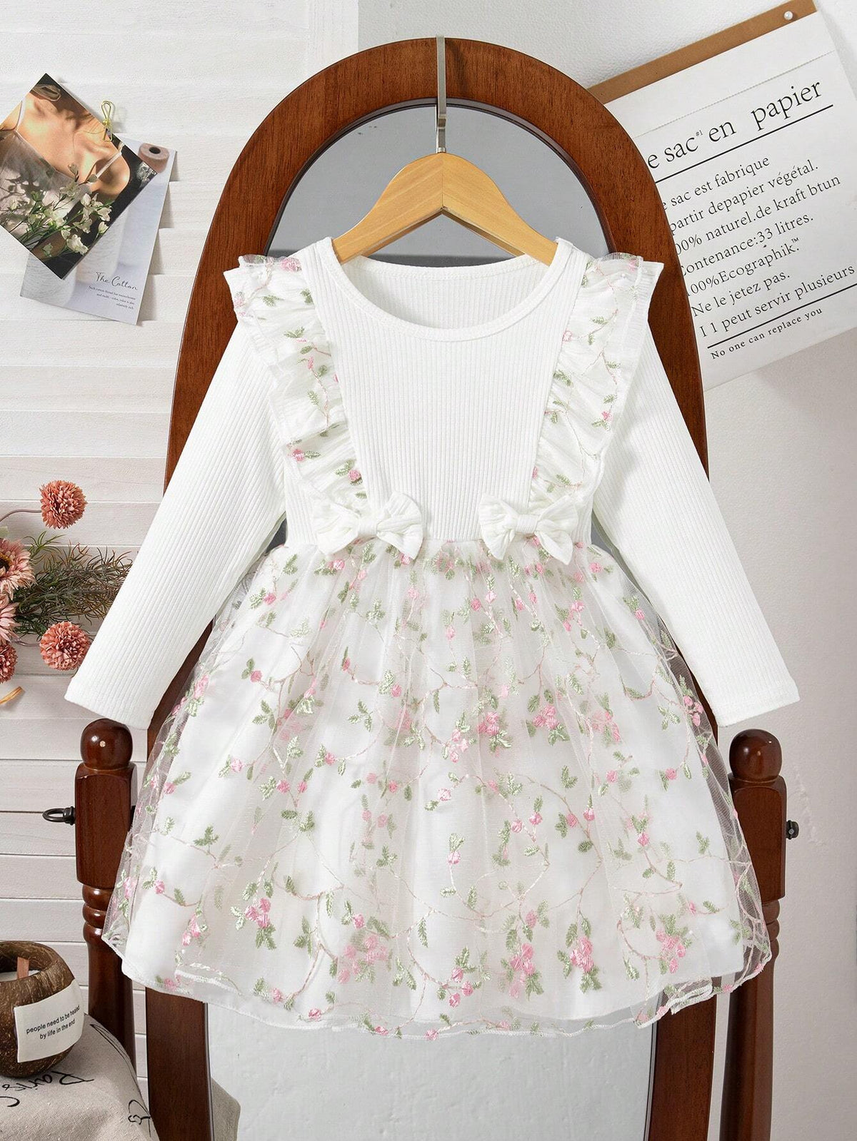 Young Girl Autumn New Lightweight Mesh Fabric Dress, Delicate Embroidered Decor, Round Neck Long Sleeve Design,