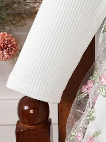 Young Girl Autumn New Lightweight Mesh Fabric Dress, Delicate Embroidered Decor, Round Neck Long Sleeve Design,