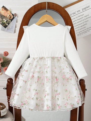 Young Girl Autumn New Lightweight Mesh Fabric Dress, Delicate Embroidered Decor, Round Neck Long Sleeve Design,