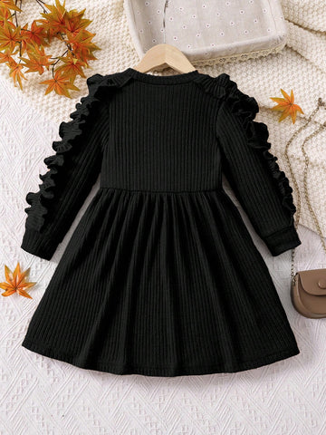 Young Girl Autumn Simple Solid Color Ruffle Bow Decor Dress