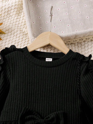 Young Girl Autumn Simple Solid Color Ruffle Bow Decor Dress