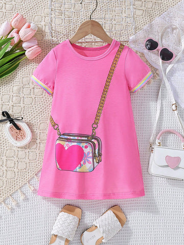 Young Girl Bag Print Tee Dress