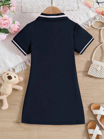 Young Girl Bear Embroidery Contrast Trim Polo Neck Tee Dress