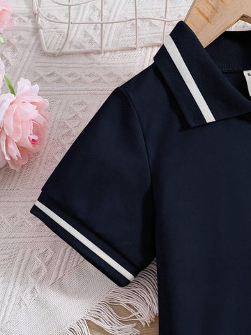 Young Girl Bear Embroidery Contrast Trim Polo Neck Tee Dress