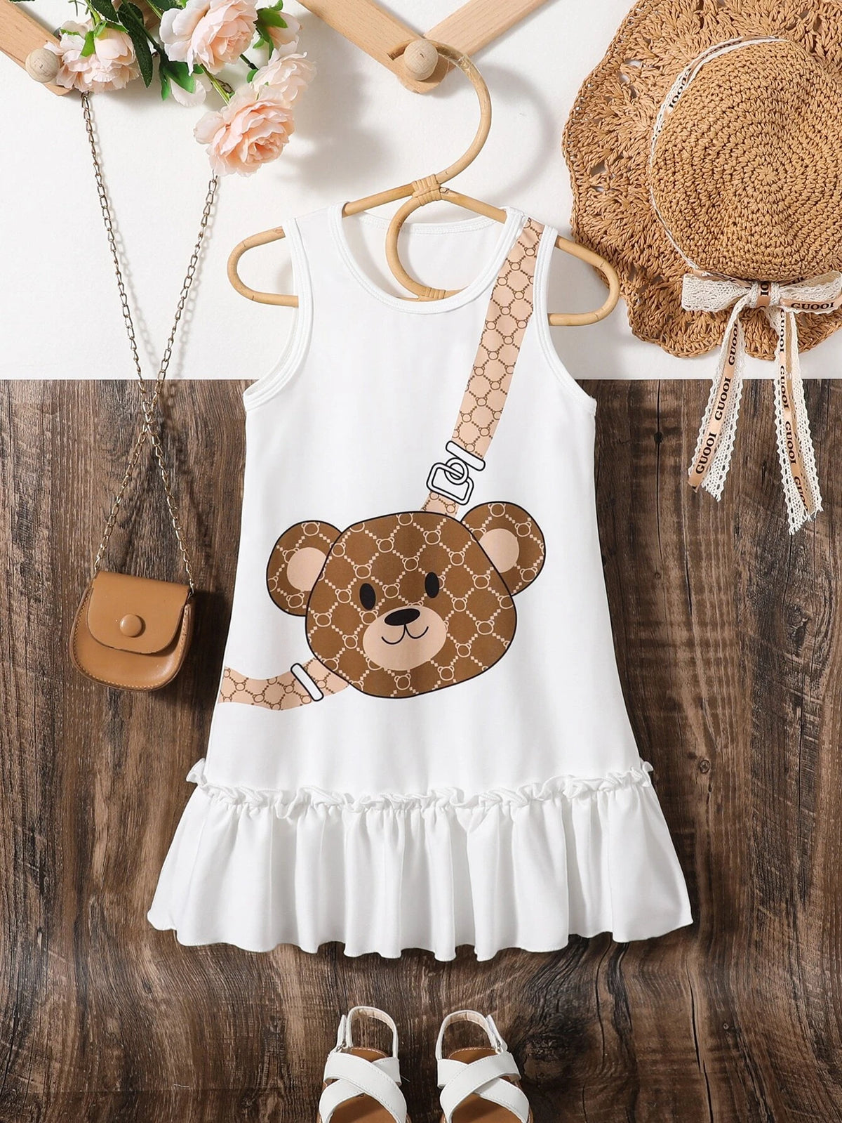 Young Girl Bear Print Ruffle Hem Tank Dress