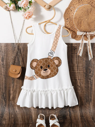 Young Girl Bear Print Ruffle Hem Tank Dress