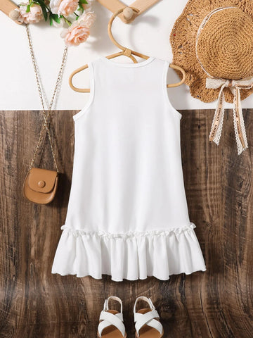 Young Girl Bear Print Ruffle Hem Tank Dress