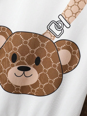 Young Girl Bear Print Ruffle Hem Tank Dress
