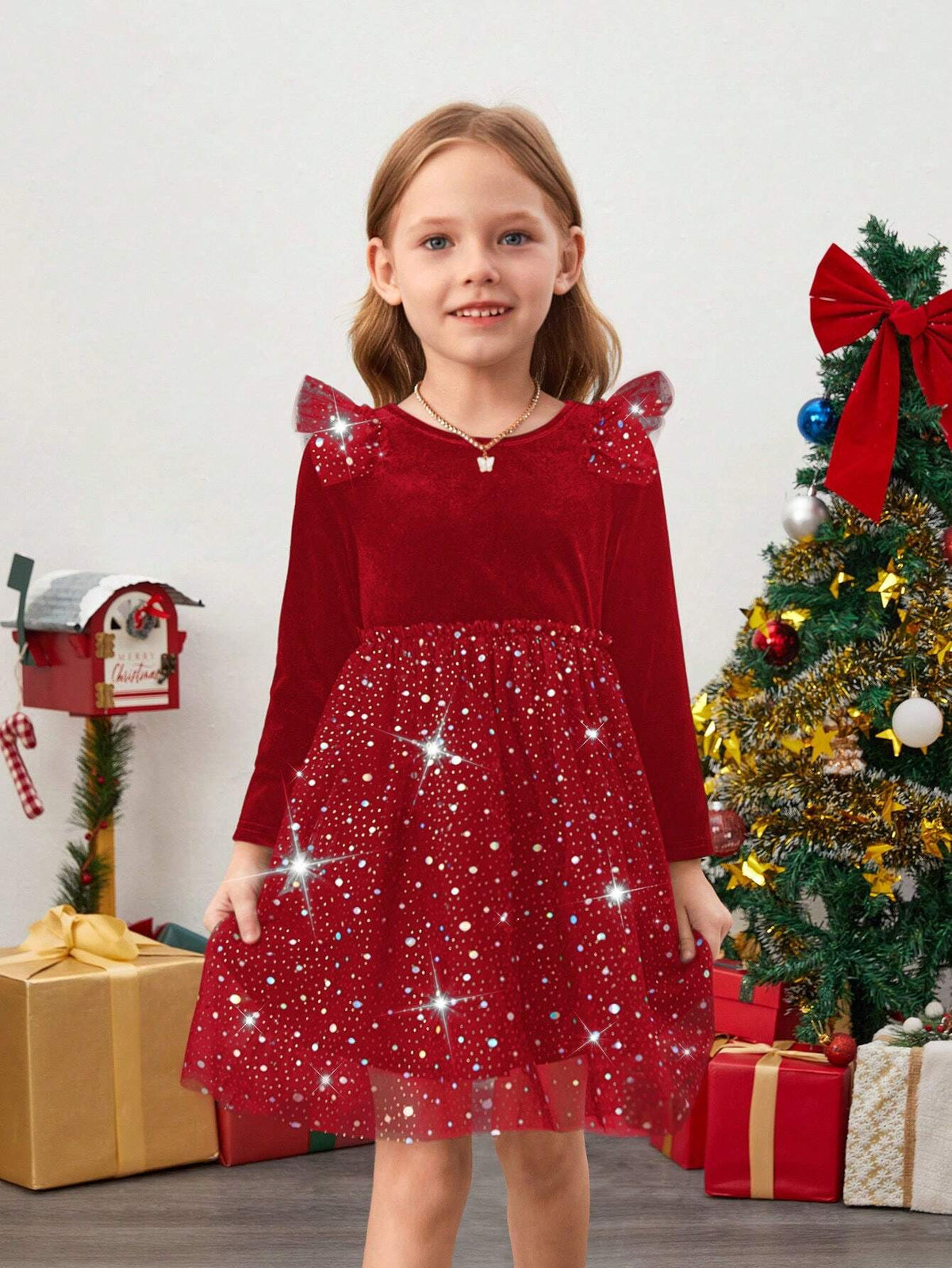 Young Girl Black Knitted Round Neck Ruffled Patchwork Sparkly Mesh Dress, Suitable For Autumn And Winter