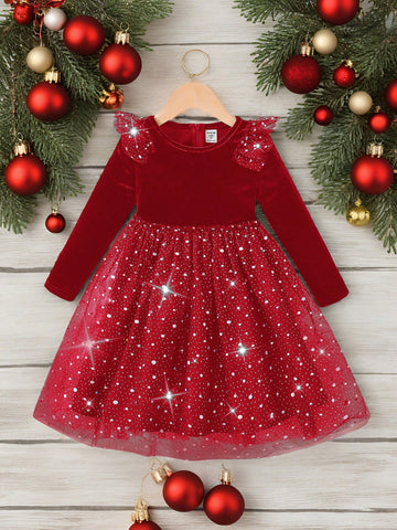 Young Girl Black Knitted Round Neck Ruffled Patchwork Sparkly Mesh Dress, Suitable For Autumn And Winter