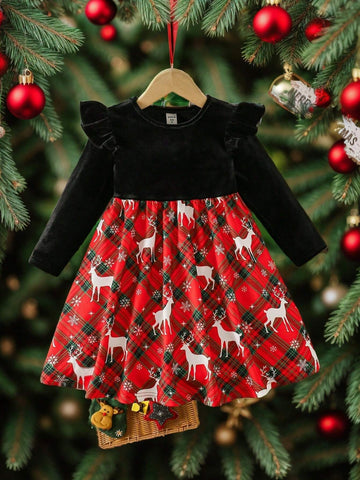 Young Girl Black Velvet Round Neck Ruffled Plaid Christmas Print Casual Dress, Princess Dress, Christmas Dress
