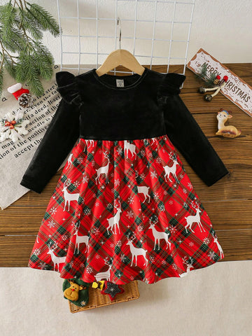 Young Girl Black Velvet Round Neck Ruffled Plaid Christmas Print Casual Dress, Princess Dress, Christmas Dress