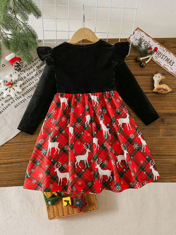 Young Girl Black Velvet Round Neck Ruffled Plaid Christmas Print Casual Dress, Princess Dress, Christmas Dress
