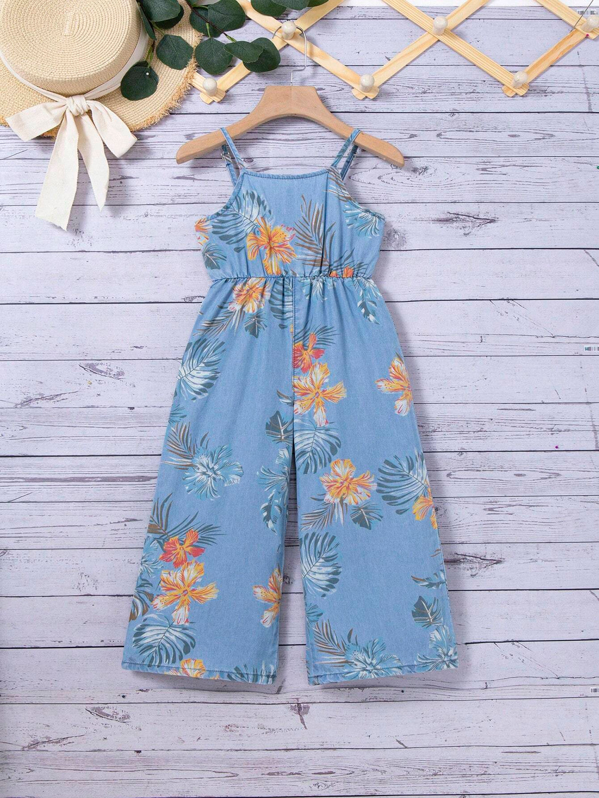 Young Girl Blue Denim Effect Jumpsuit With Floral Pattern