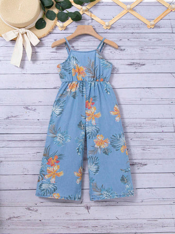 Young Girl Blue Denim Effect Jumpsuit With Floral Pattern