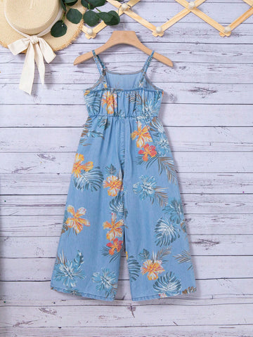 Young Girl Blue Denim Effect Jumpsuit With Floral Pattern