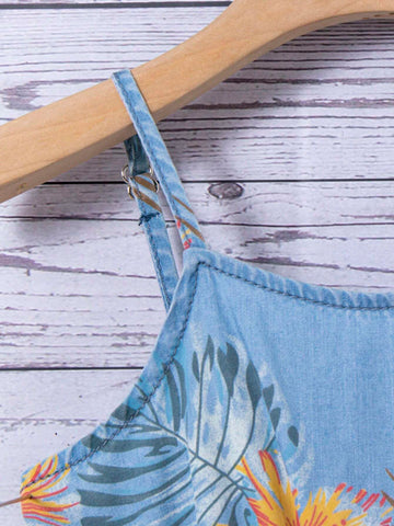 Young Girl Blue Denim Effect Jumpsuit With Floral Pattern