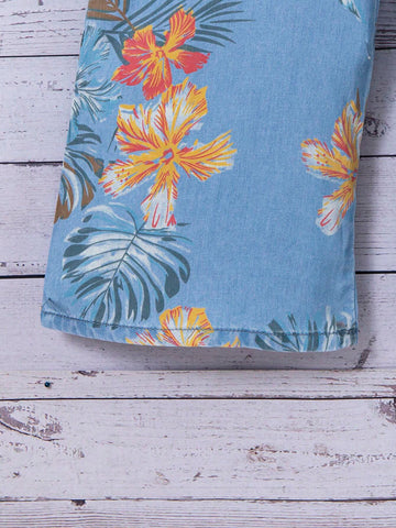 Young Girl Blue Denim Effect Jumpsuit With Floral Pattern