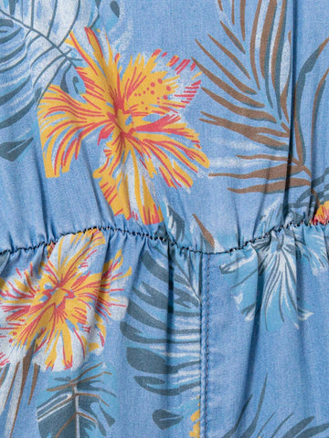 Young Girl Blue Denim Effect Jumpsuit With Floral Pattern