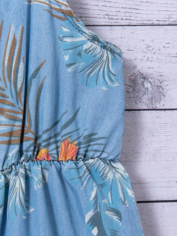 Young Girl Blue Denim Effect Jumpsuit With Floral Pattern