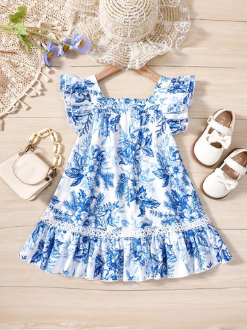 Young Girl Blue & White Floral Print Style Summer Holiday Maxi Dress With Square Neckline And Ruffled Sleeves