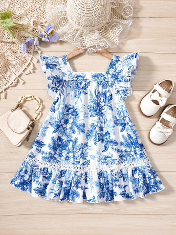 Young Girl Blue & White Floral Print Style Summer Holiday Maxi Dress With Square Neckline And Ruffled Sleeves