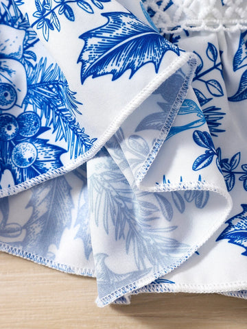 Young Girl Blue & White Floral Print Style Summer Holiday Maxi Dress With Square Neckline And Ruffled Sleeves