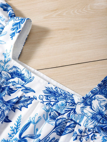 Young Girl Blue & White Floral Print Style Summer Holiday Maxi Dress With Square Neckline And Ruffled Sleeves