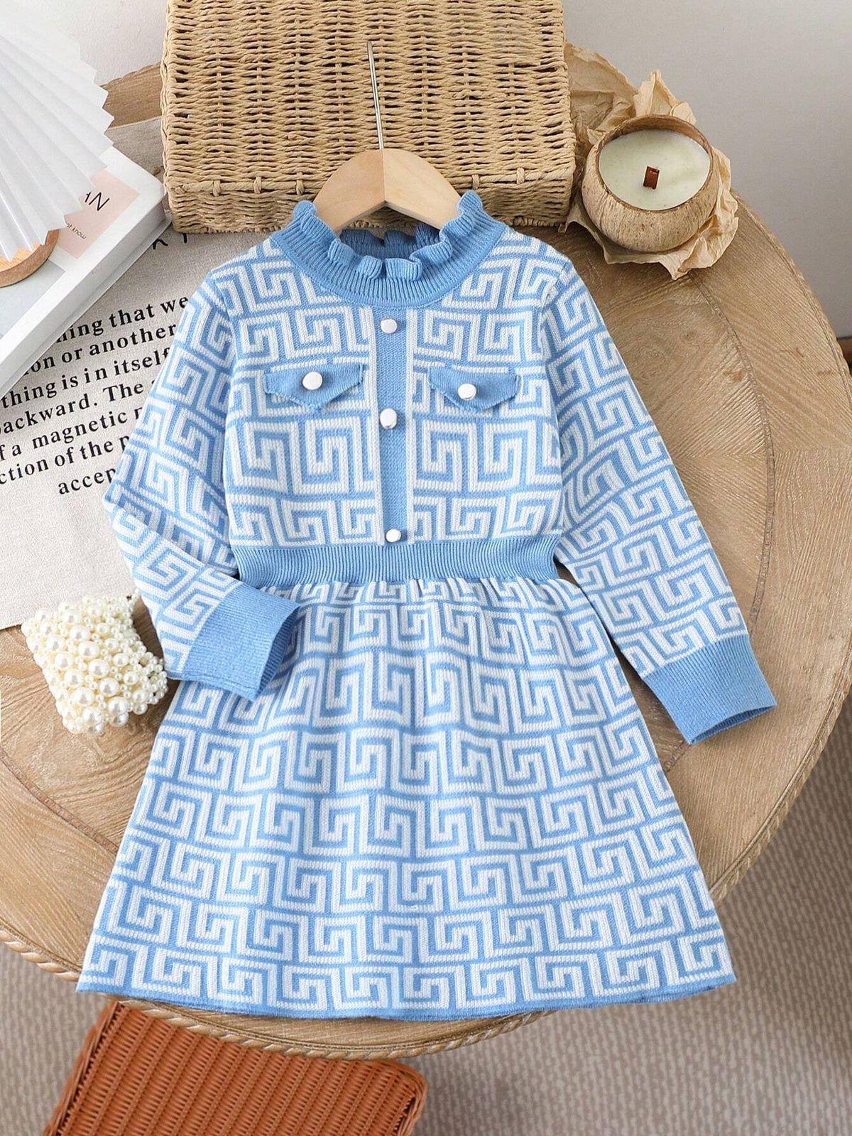 Young Girl Blue & White Round Neck Knit Sweater Dress, Suitable For Parties And Gatherings, Autumn/Winter