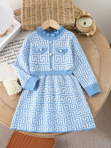Young Girl Blue & White Round Neck Knit Sweater Dress, Suitable For Parties And Gatherings, Autumn/Winter