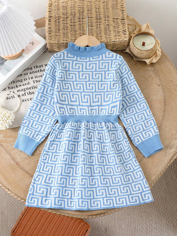 Young Girl Blue & White Round Neck Knit Sweater Dress, Suitable For Parties And Gatherings, Autumn/Winter