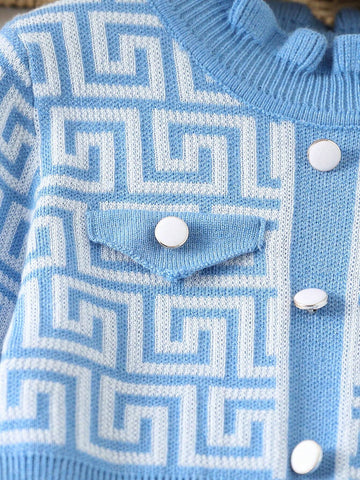 Young Girl Blue & White Round Neck Knit Sweater Dress, Suitable For Parties And Gatherings, Autumn/Winter