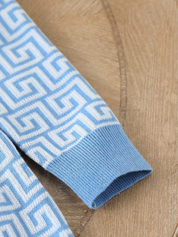 Young Girl Blue & White Round Neck Knit Sweater Dress, Suitable For Parties And Gatherings, Autumn/Winter