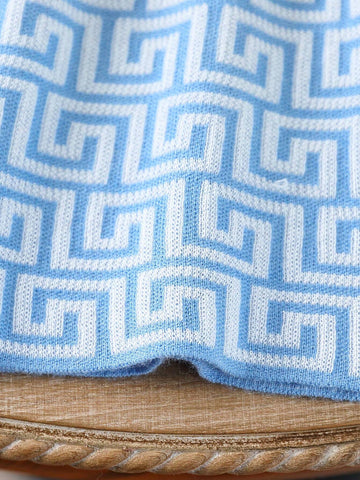 Young Girl Blue & White Round Neck Knit Sweater Dress, Suitable For Parties And Gatherings, Autumn/Winter