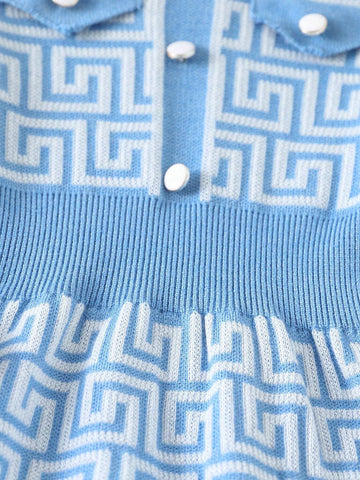 Young Girl Blue & White Round Neck Knit Sweater Dress, Suitable For Parties And Gatherings, Autumn/Winter