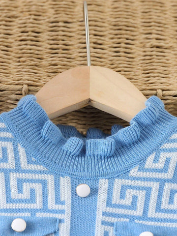 Young Girl Blue & White Round Neck Knit Sweater Dress, Suitable For Parties And Gatherings, Autumn/Winter