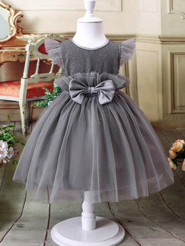 Young Girl Bow Front Mesh Overlay Party Dress