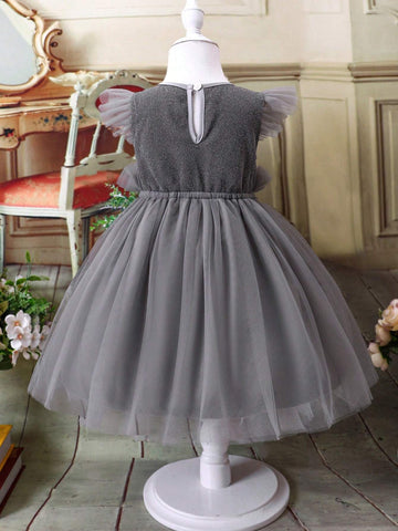 Young Girl Bow Front Mesh Overlay Party Dress