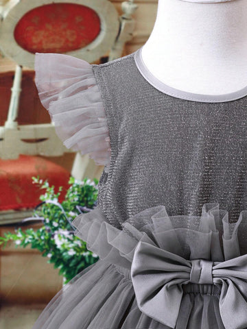 Young Girl Bow Front Mesh Overlay Party Dress