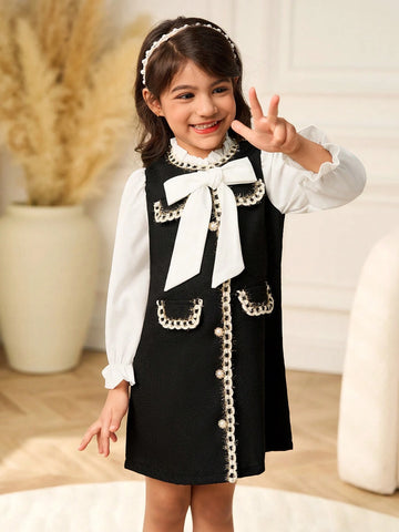 Young Girl Bowknot Collar Colorblock Casual Dress, Elegant Lady Style Suitable For Party, Gathering, Outings, Spring And Autumn