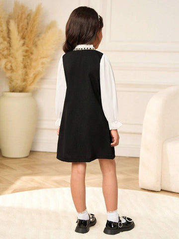 Young Girl Bowknot Collar Colorblock Casual Dress, Elegant Lady Style Suitable For Party, Gathering, Outings, Spring And Autumn