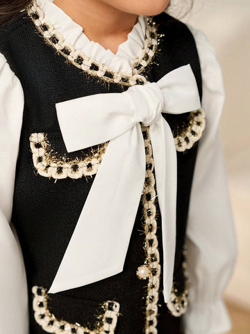 Young Girl Bowknot Collar Colorblock Casual Dress, Elegant Lady Style Suitable For Party, Gathering, Outings, Spring And Autumn