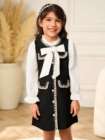 Young Girl Bowknot Collar Colorblock Casual Dress, Elegant Lady Style Suitable For Party, Gathering, Outings, Spring And Autumn