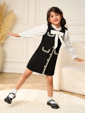 Young Girl Bowknot Collar Colorblock Casual Dress, Elegant Lady Style Suitable For Party, Gathering, Outings, Spring And Autumn