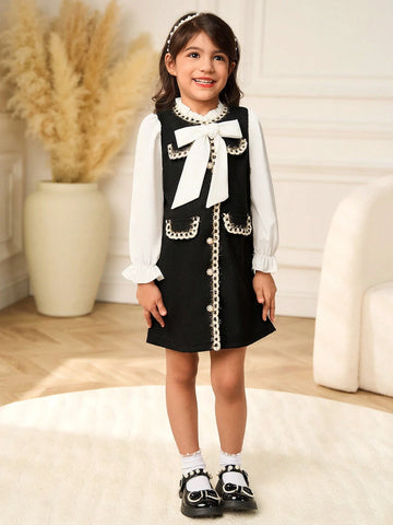 Young Girl Bowknot Collar Colorblock Casual Dress, Elegant Lady Style Suitable For Party, Gathering, Outings, Spring And Autumn